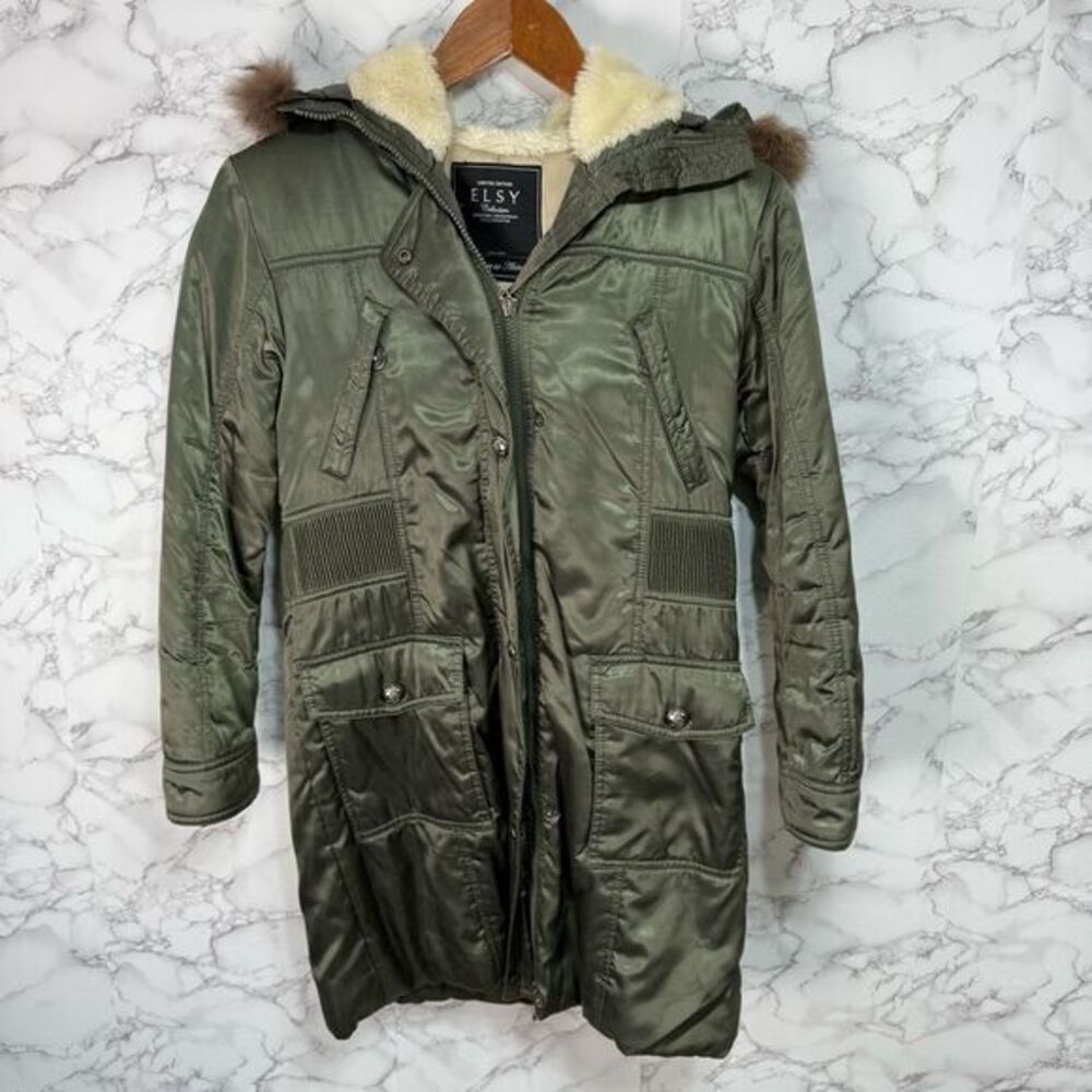 Elsy Women’s Puffer Coat sz S Shiny Olive Green Knee Length